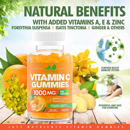 Vitamin C 1000mg Gummies – Chewable Multivitamin for Adults & Kids | Maximum Strength Immune Support with Vitamins A & E, Zinc, Magnesium & More – Natural Orange Flavor – Gluten Free, Non-GMO
