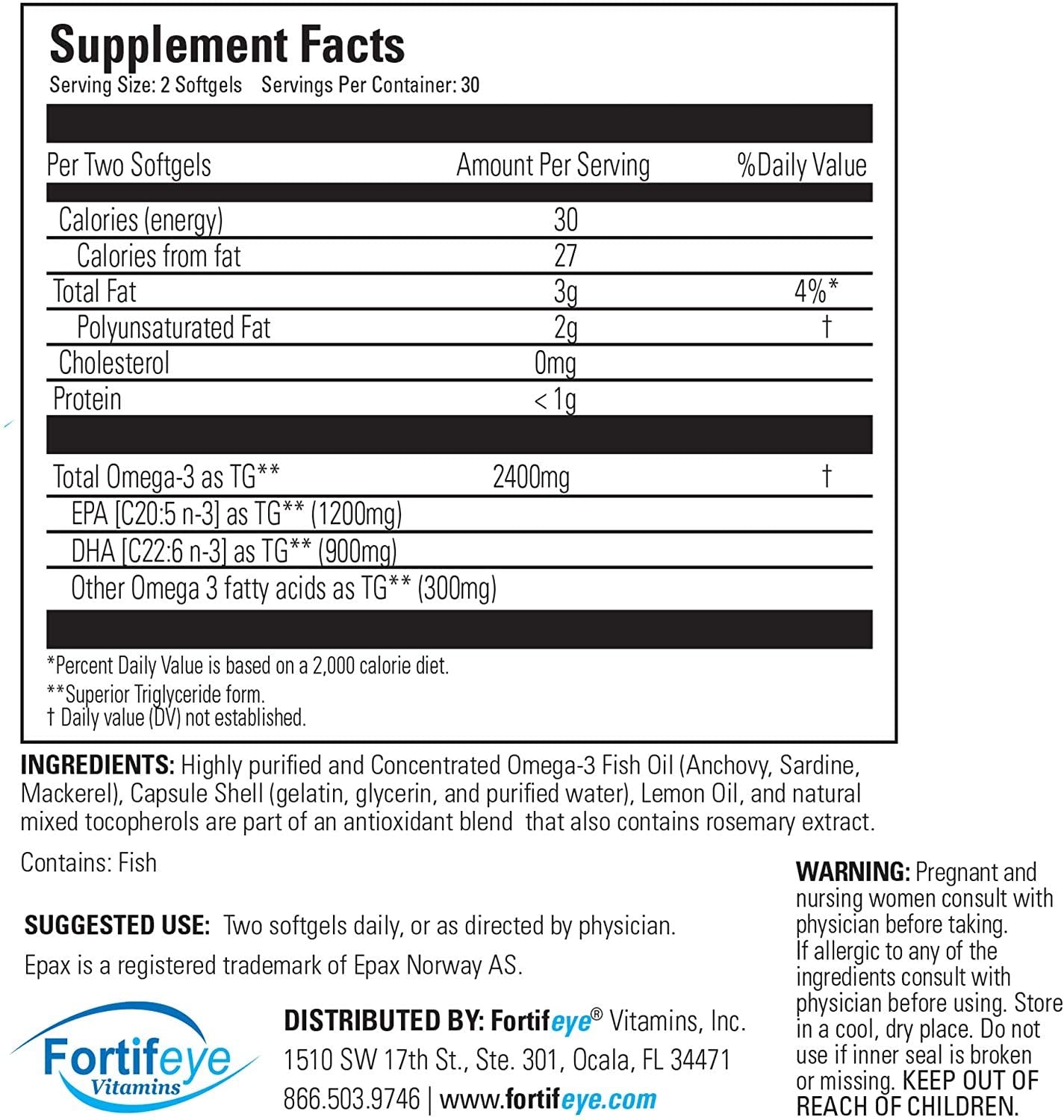 Fortifeye Super Omega-3 Max Fish Oil - 60 Count - Quadruple Strength Ultra-Pure rTG Omega-3-2400mg EPA + DHA in 2 Softgels - Expertly Concentrated & Purified in Norway from Wild Fish - Lemon Flavor