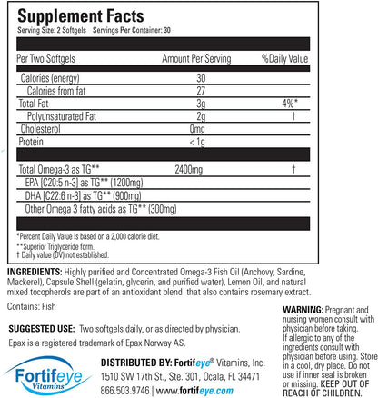 Fortifeye Super Omega-3 Max Fish Oil - 60 Count - Quadruple Strength Ultra-Pure rTG Omega-3-2400mg EPA + DHA in 2 Softgels - Expertly Concentrated & Purified in Norway from Wild Fish - Lemon Flavor