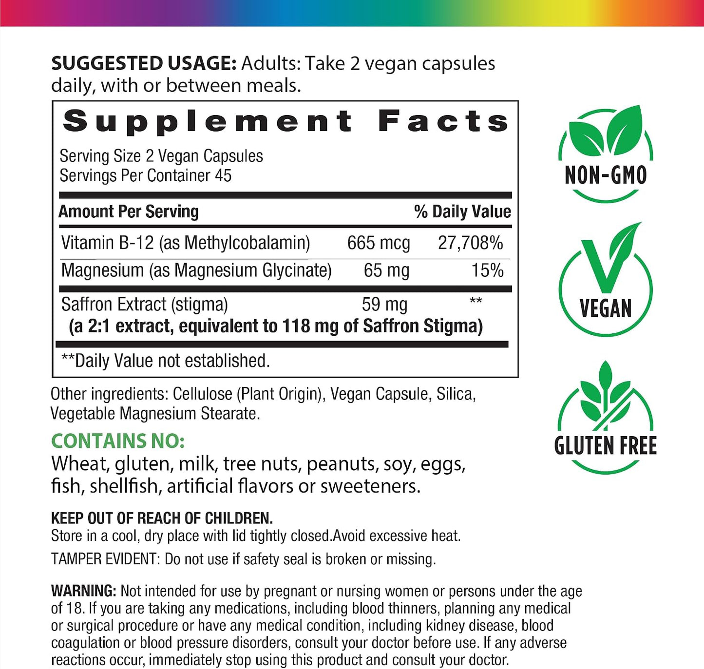Rainbow Light Saffron Extract + Magnesium Glycinate Supplement | 90 Capsules | With Methyl B12 | Helps Support a Positive Mood | Vegan, Non-GMO and Gluten Free