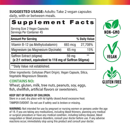 Rainbow Light Saffron Extract + Magnesium Glycinate Supplement | 90 Capsules | With Methyl B12 | Helps Support a Positive Mood | Vegan, Non-GMO and Gluten Free