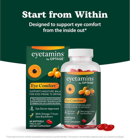 eyetamins® by OPTASE® Eye Comfort™ - 60 Softgels - Eye Doctor Recommended - an Omega-Based Eye Supplement formulated to Support Moisture Balance and Eye Comfort from Within. Plant Based Soft gels.