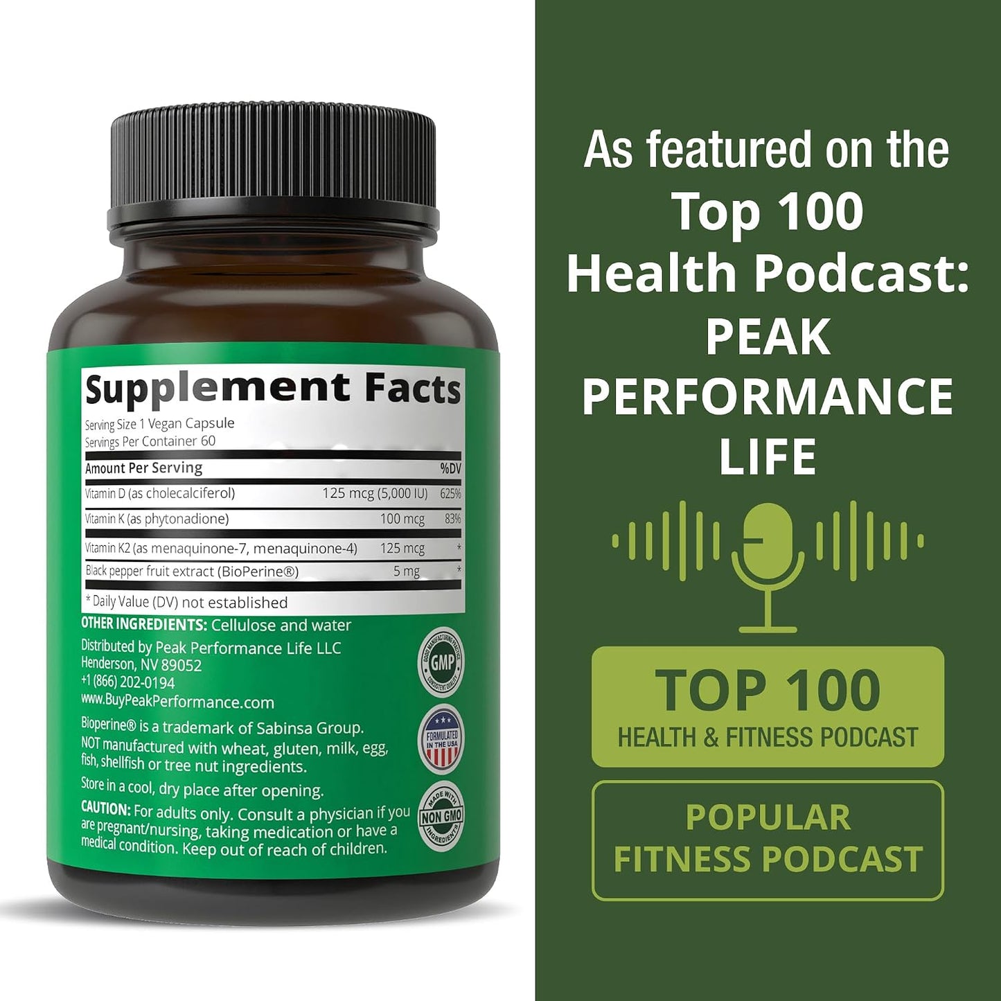 Peak Performance Advanced Vitamin D 5000 IU with All 3 Types of Vitamin K Vitamin D3 and Vitamin K2, K1, MK-7 (MK7), MK4 Supplement - 60 Small and Easy to Swallow Vegetable Capsules