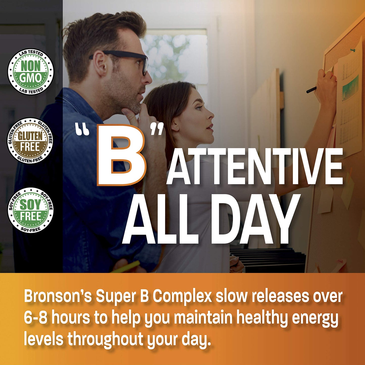 Bronson Super B Vitamin B Complex Sustained Release for Energy, 60 Tablets | B1, B2, B3, B6, Folic Acid, B12, Biotin & Pantothenic Acid, One-Tablet Formula, Non-GMO, Gluten-Free & Soy-Free