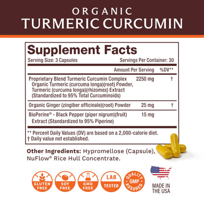 Life's Fortune Organic Turmeric Curcumin with Black Pepper and Ginger, Enhanced Absorption, Extra Strength Supplement, Joint & Immune Support, Non-GMO, 180 Cap - 2250mg