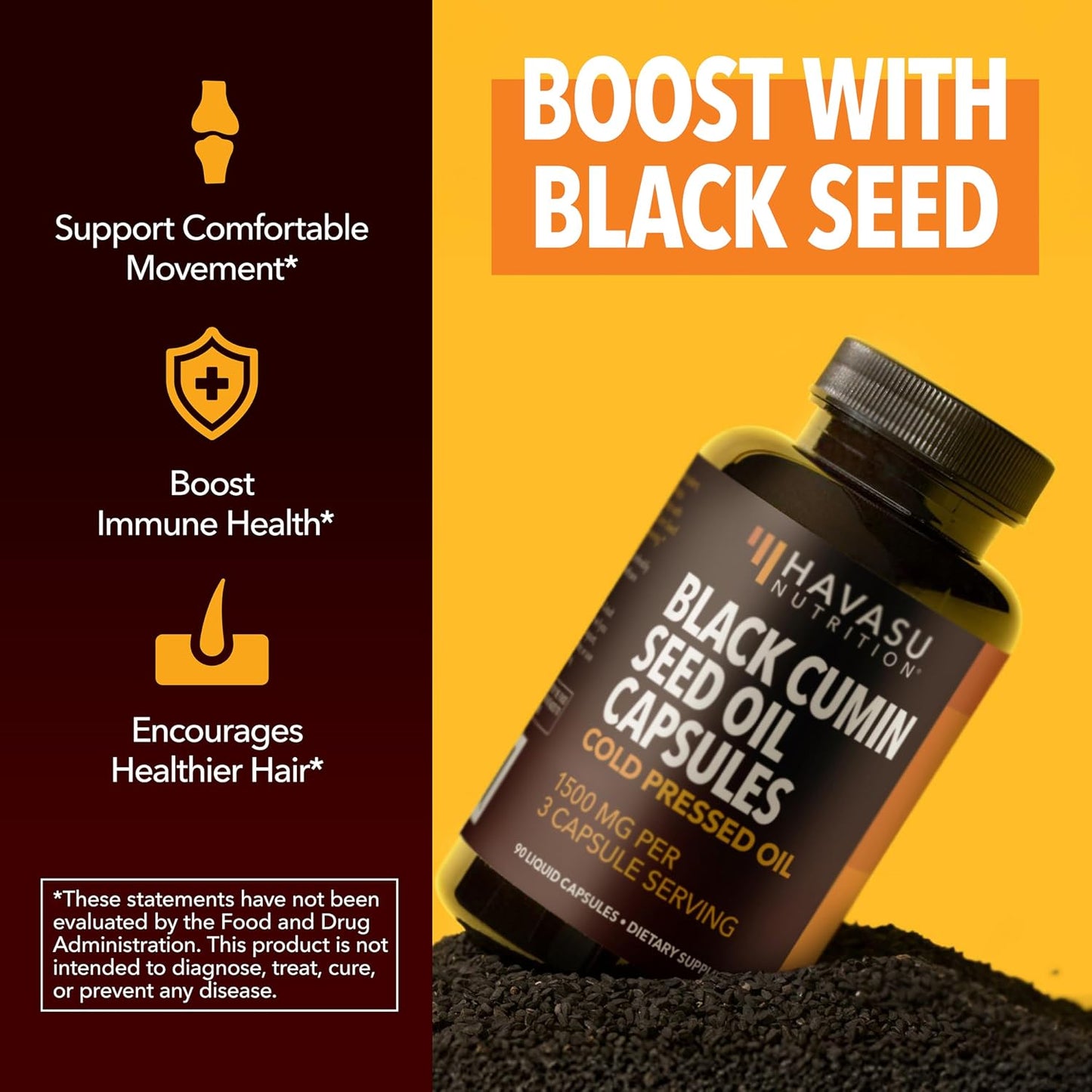 Black Seed Oil Capsules, Vegan, Non-GMO, Cold-Pressed Nigella Sativa, 90ct | 1500mg Per Serving Black Cumin Supplement for Skin Health, Immune Function, and Digestive Health, Unflavored, 30 Servings