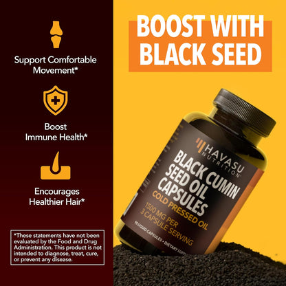 Black Seed Oil Capsules, Vegan, Non-GMO, Cold-Pressed Nigella Sativa, 90ct | 1500mg Per Serving Black Cumin Supplement for Skin Health, Immune Function, and Digestive Health, Unflavored, 30 Servings