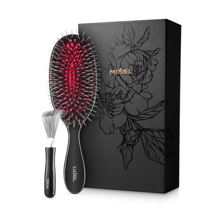 MISEL Boar Bristle Hair Brush and Brush Cleaner Bundle for Women and Men | Detangles 