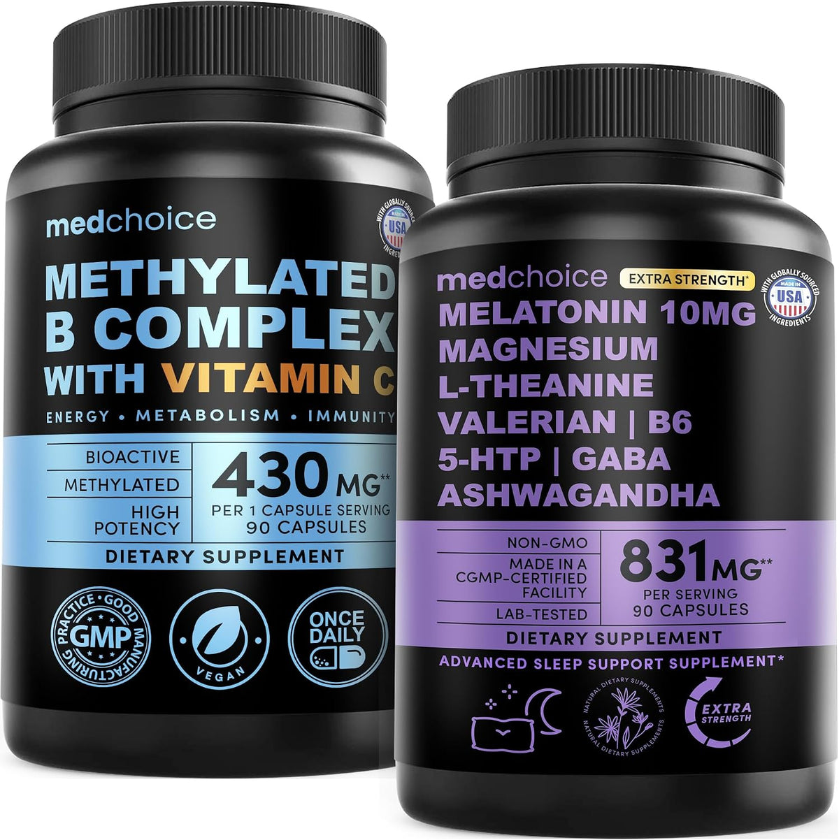 MEDCHOICE Methyl B Complex Capsules and Melatonin Sleep Extra Strength 10mg Melatonin - Active B Vitamin Complex and Nightly Sleep Support with Magnesium and Ashwagandha