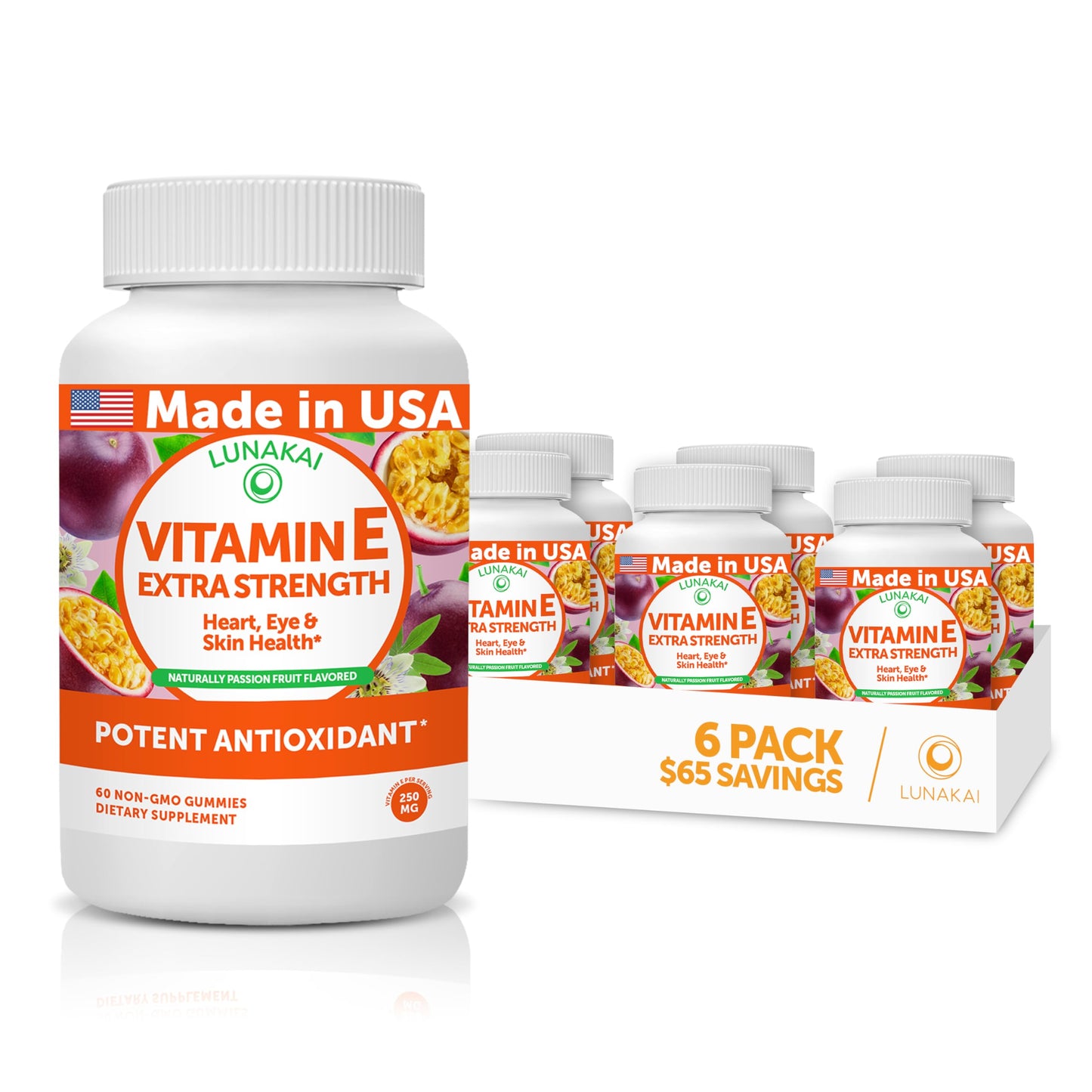Lunakai USA Made Vitamin E 400 IU Gummies with Vitamin C 50mg, for Eye, Immune & Skin Support - d-Alpha-Tocopherol for Adults, Women & Men, Non-GMO Vegan, 60 Daily VIT E Gummies