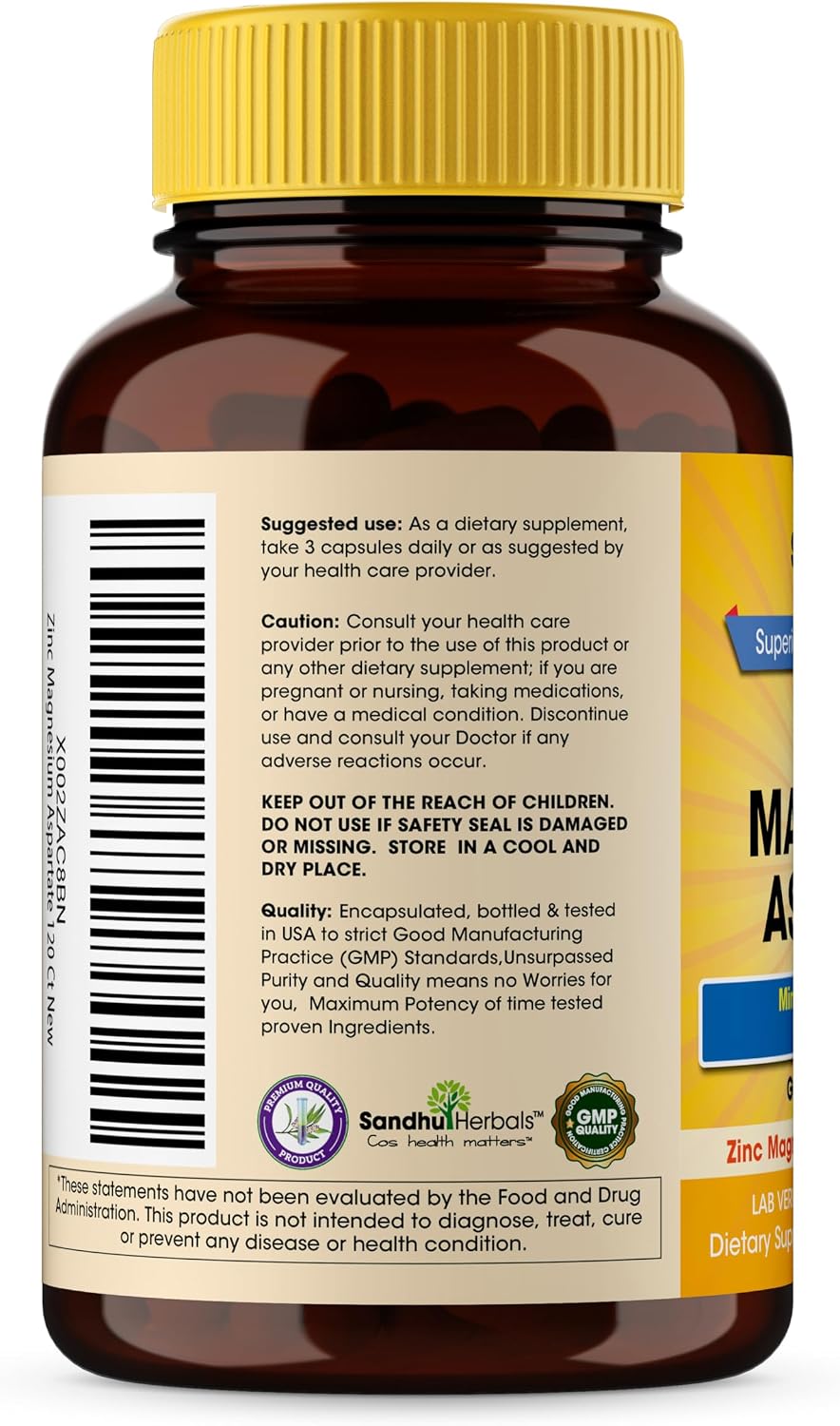 SANDHUHERBALS Zinc Magnesium Aspartate Supplement 120 Capsules| with Vitamin B6 & Zinc | High Absorption, Sleep and Immune Support | for Men & Women