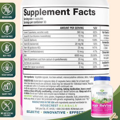 RidgeCrest Herbals Hair Revive Hair Growth Vitamins with Biotin 120 Ct | 30 Servings, Vitamin C, Biotin 6000mcg, Zinc, Copper, Natural Hair, Skin and Nail Health Formula for Women