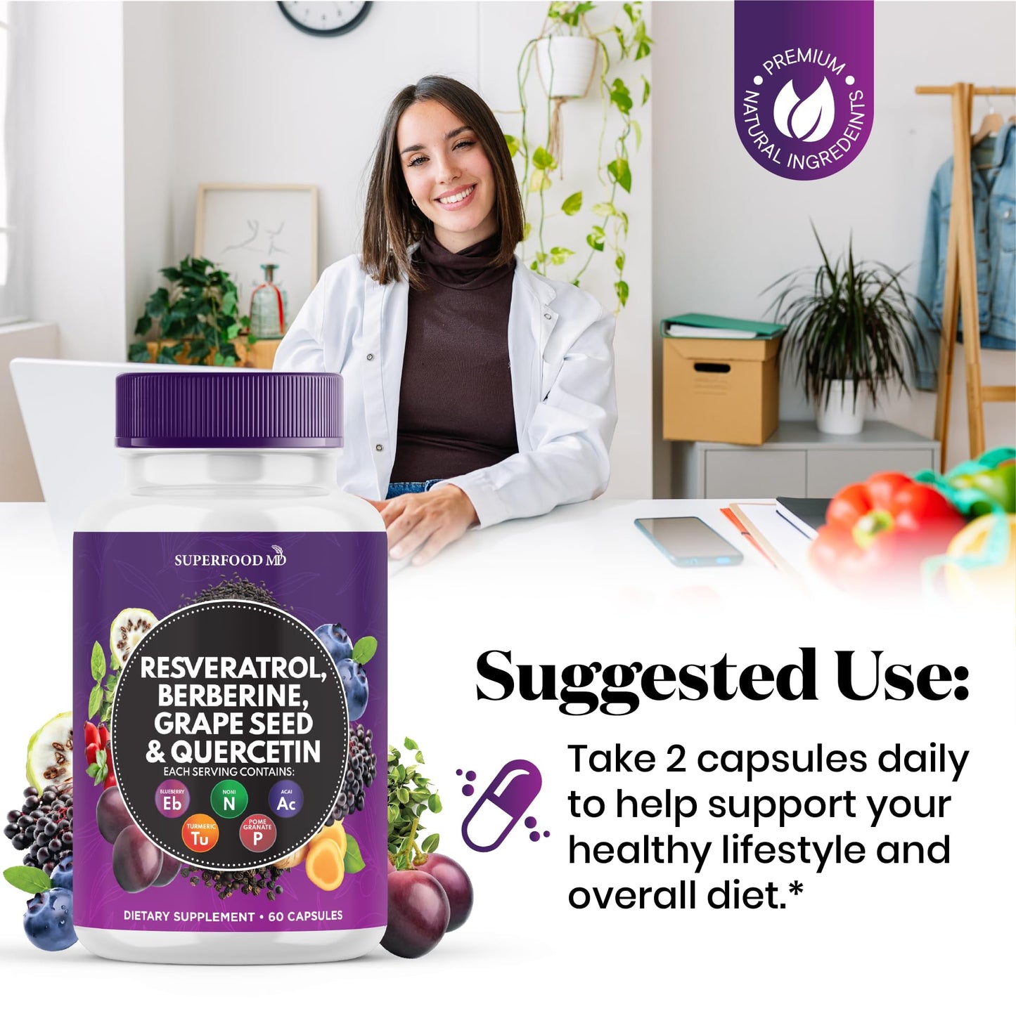 Resveratrol Berberine Grape Seed Extract Quercetin - Polyphenol Supplement with Noni Extract, N-Acetyl Cysteine, Acai Extract - Made in The USA - 120 Capsules