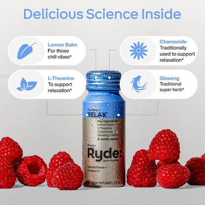 Ryde Shots, Relax + Sleep, Melatonin, GABA, L-Theanine & Chamomile, Zero Calories, Zero Sugar, Pack of 16