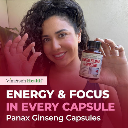 Asian Ginseng & Ginkgo Biloba Supplements w/ Potent Extracts – 60 Capsules