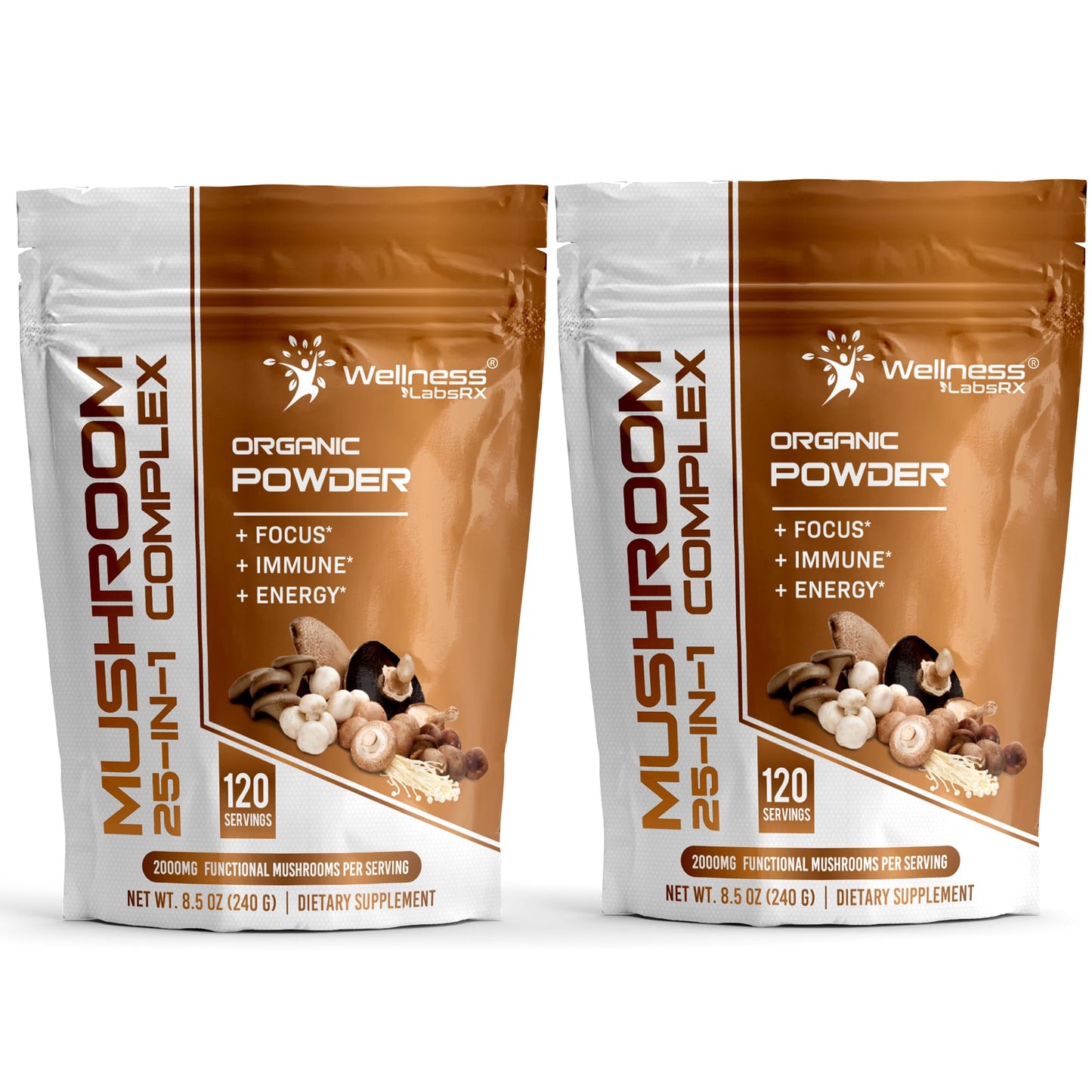 WELLNESS LABSRX Mushroom Powder, 25 in 1 Mushrooms Supplement - 2000mg, 25 Superfood Mishroom Lions Mane Powder with Chaga, Shiitake, Cordyceps, Reishi - Lion's Mane Mushroom - 120 Servings