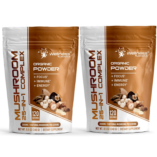 WELLNESS LABSRX Mushroom Powder, 25 in 1 Mushrooms Supplement - 2000mg, 25 Superfood Mishroom Lions Mane Powder with Chaga, Shiitake, Cordyceps, Reishi - Lion's Mane Mushroom - 120 Servings