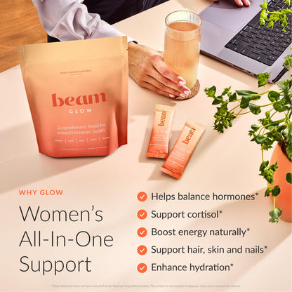 BEAM Glow Hormone Support & Cortisol Supplement for Women - Daily Vitamins for Women with Ashwagandha, Selenium, Zinc, Vitamin A, Biotin for Cycle Health, Mood & Energy, Strawberry Kiwi, 15 Servings