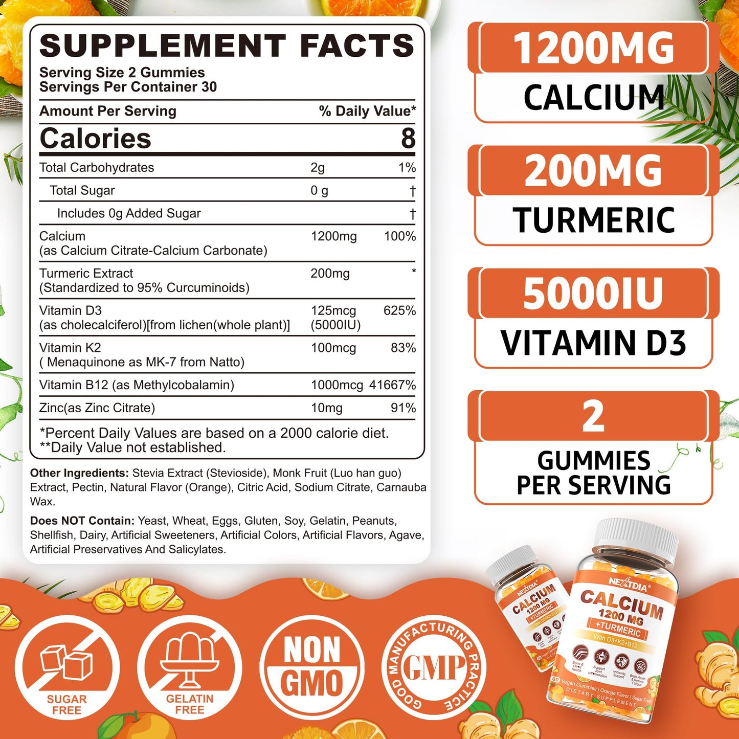 Calcium Gummies with Turmeric for Women & Men - Calcium 1200mg with Vitamin D3 K2 B12 5000 IU & Zinc, Suger-Free Calcium Supplement for Bone, Muscle Strength & Immune Support - Vegan(120 Count)