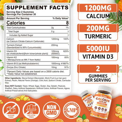 Calcium Gummies with Turmeric for Women & Men - Calcium 1200mg with Vitamin D3 K2 B12 5000 IU & Zinc, Suger-Free Calcium Supplement for Bone, Muscle Strength & Immune Support - Vegan(120 Count)