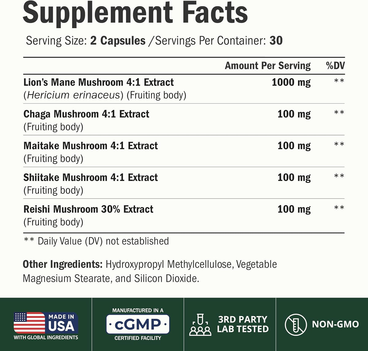 Lions Mane Supplement Capsules with Chaga, Reishi, Shiitake for Focus 60ct