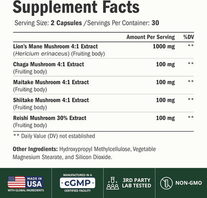 Lions Mane Supplement Capsules with Chaga, Reishi, Shiitake for Focus 60ct