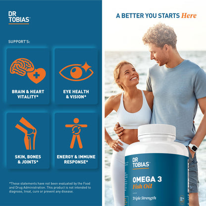 Dr. Tobias Omega 3 Fish Oil 2000mg Triple Strength | 180 Softgels | Heart, Brain & Joint Support | 2,000 mg Fish Oil | 800 mg EPA + 600 mg DHA | Delayed Release Omega 3 Supplement | 90 Servings