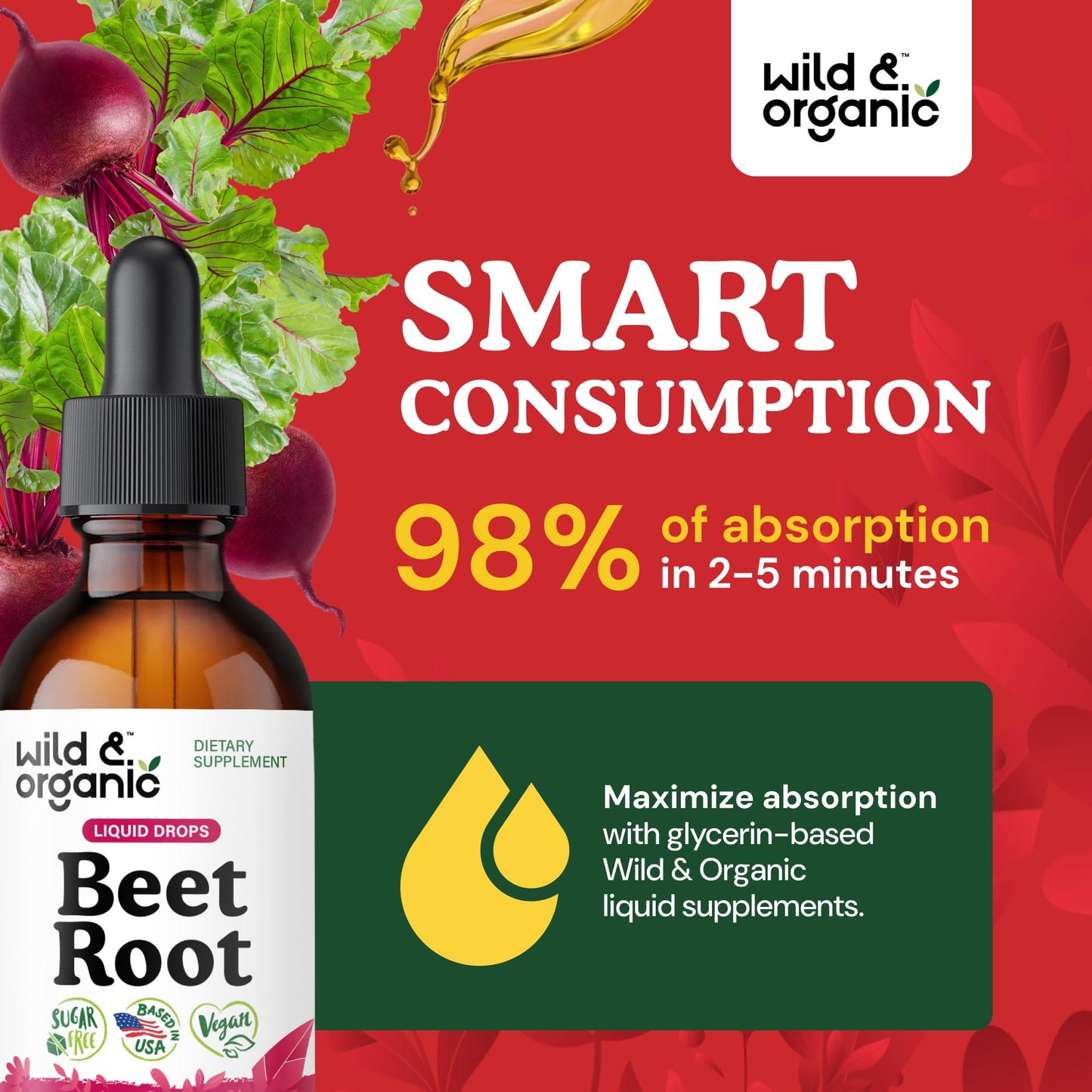 Wild & Organic Beet Root Extract Drops - Energy Support - Liquid Red Beets Supplements - 400 mg per Serving - Mix with Powder - Vegan, Sugar & Alcohol - 4 fl oz