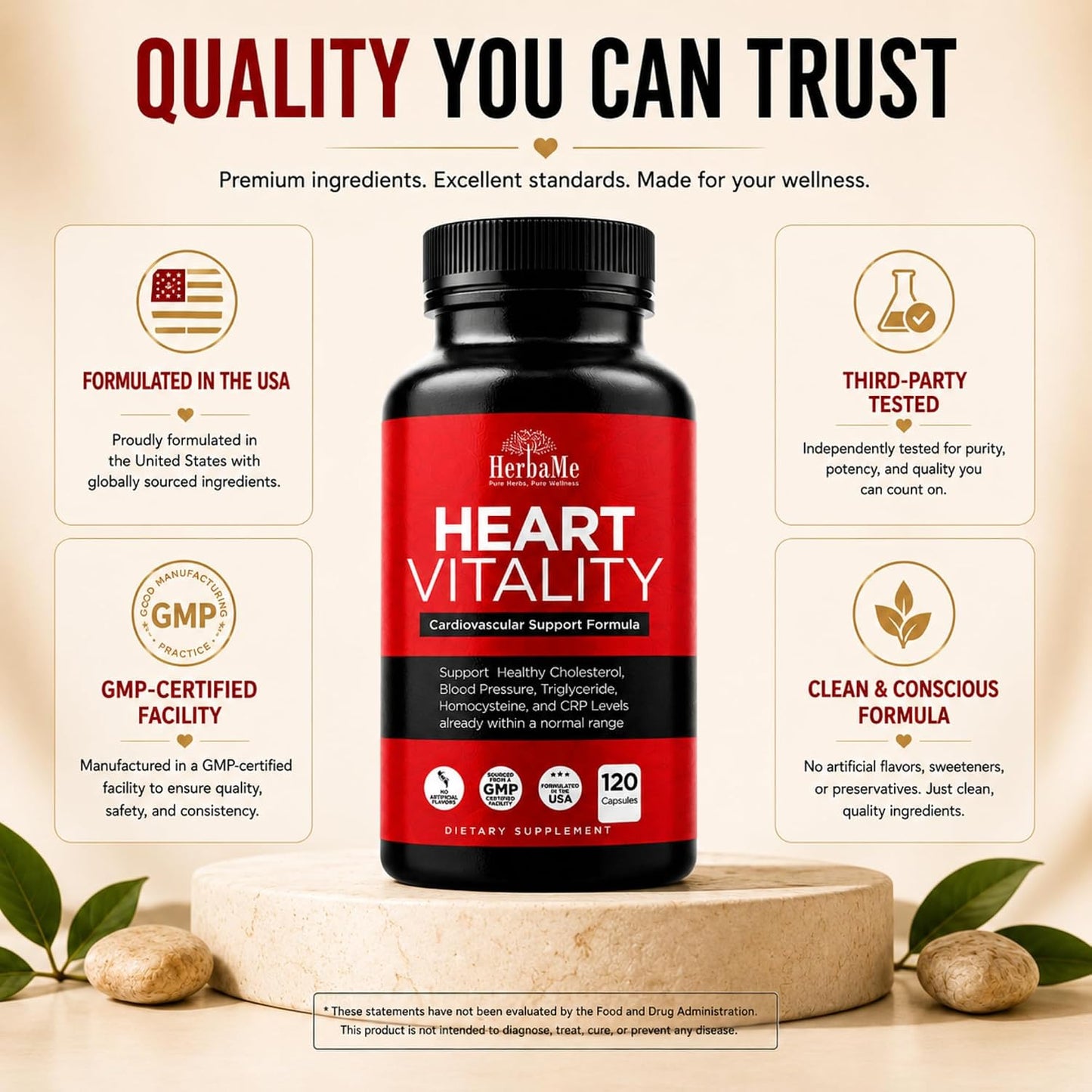HerbaMe Heart Support Supplement for Men & Women, Daily Heart Wellness & Circulation Support, Supports Cardiovascular Wellness & Vascular Function with L-Arginine, Citrulline & CoQ10, 120 Capsules