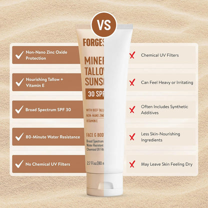 Forge Skin Mineral Sunscreen SPF 30, Non-Nano Zinc, Tallow-Based, 2.7 oz | Broad spectrum SPF 30, non-nano zinc oxide, grass-fed tallow base, no white cast, water resistant 80 min, oxybenzone-free