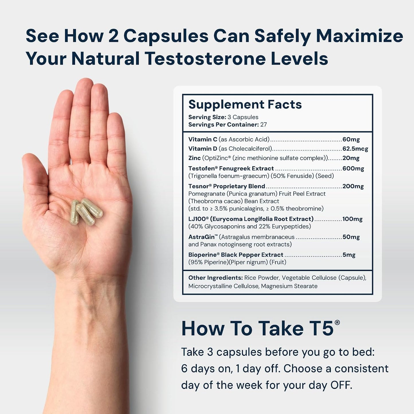 HPN T(5) Testosterone Optimization Booster | Natural Testosterone Supplement with Testofen | Increase Endurance & Energy | Improve Ability to Build Muscle with LJ100 | Vegan Friendly | 81 Capsules