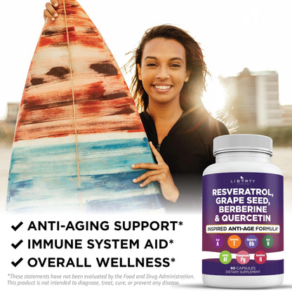 Liberty Lifestyle Resveratrol, Berberine, Grape Seed Extract, Quercetin, Polyphenol Supplement for Women and Men with Noni Extract, N-Acetyl Cysteine, Acai Extract - 2-Pack