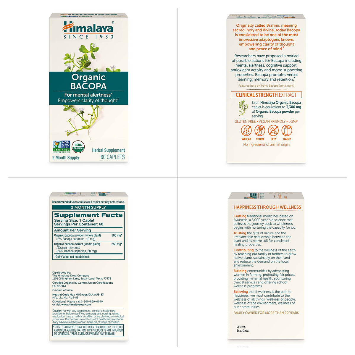 Himalaya USDA Organic Bacopa Monnieri Supplement,750 mg,60 Caplets