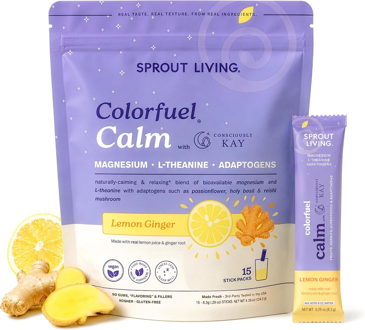 Colorfuel Calm Magnesium Powder Mix for Sleep & Stress | L-Theanine, GABA, Passionflower, Vitamin C, Lemon Ginger Flavor (15 Stick Packs)