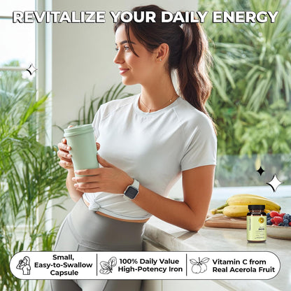Future Kind Iron Supplement for Women and Men, Daily Energy & Focus, Chelated Iron Bisglycinate, 18mg 100% DV with Vitamin C for Absorption - Gentle on Stomach, Non-GMO Vegan Capsules, 30 Day Supply