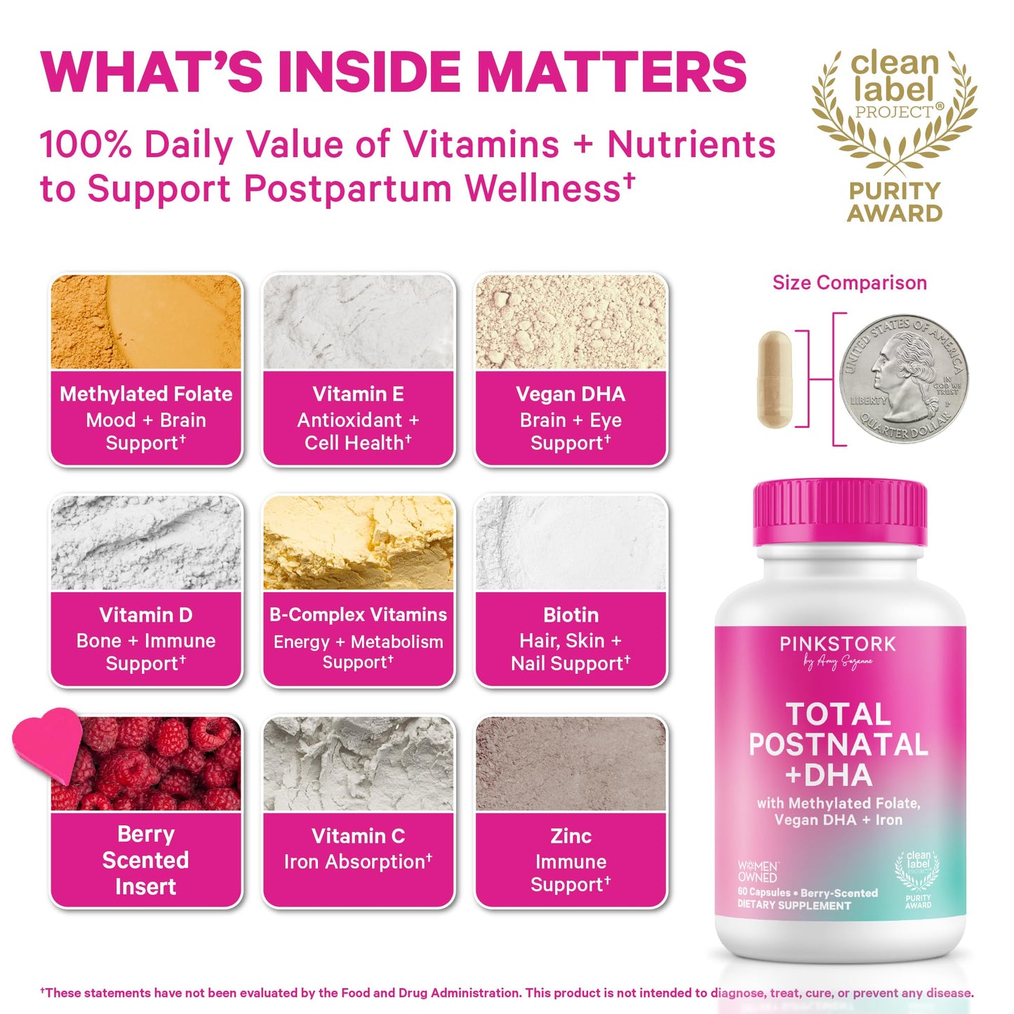 Pink Stork Total Postnatal Vitamins for Women, 60 Capsules, Berry | No Fishy Burps, Vegan Algae DHA, Methylated Folate, Iron, Postpartum Recovery + Lactation Support, Clean Label Award Winner