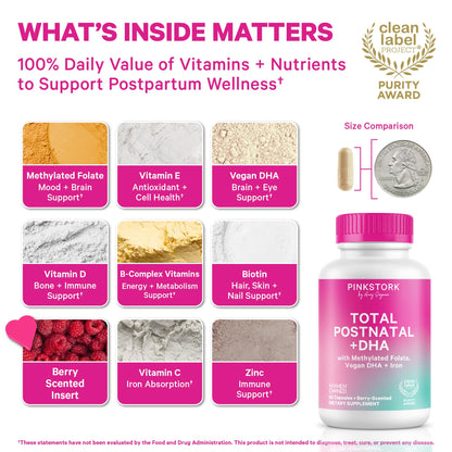 Pink Stork Total Postnatal Vitamins for Women, 60 Capsules, Berry | No Fishy Burps, Vegan Algae DHA, Methylated Folate, Iron, Postpartum Recovery + Lactation Support, Clean Label Award Winner
