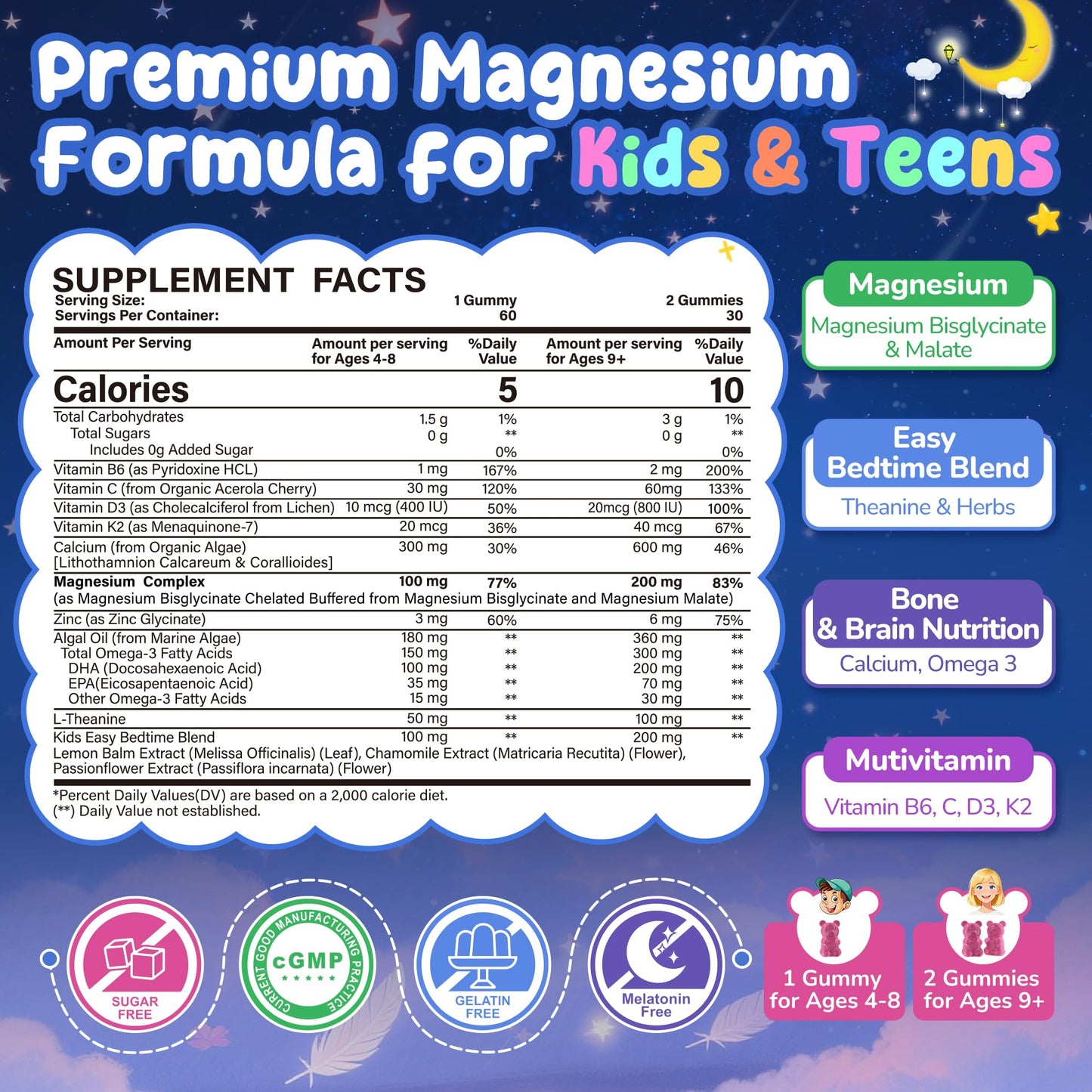 Kids Magnesium Glycinate Gummies + Calcium + Omega 3 - Kids Sleep & Calm Gummies, Melatonin Free Magnesium Gummies + L-theanine, B6, D3 & K2, Zinc, C for Restful Sleep, Bones, Brain & Immunity, 2 Pack