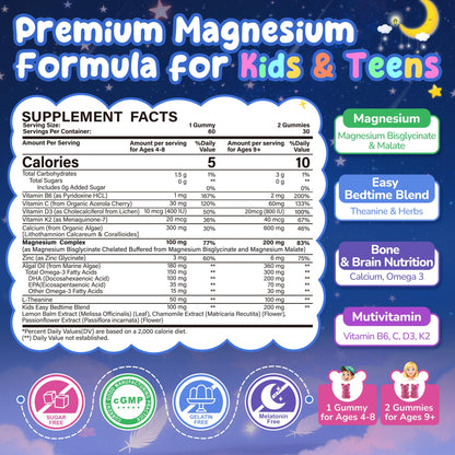Kids Magnesium Glycinate Gummies + Calcium + Omega 3 - Kids Sleep & Calm Gummies, Melatonin Free Magnesium Gummies + L-theanine, B6, D3 & K2, Zinc, C for Restful Sleep, Bones, Brain & Immunity, 2 Pack