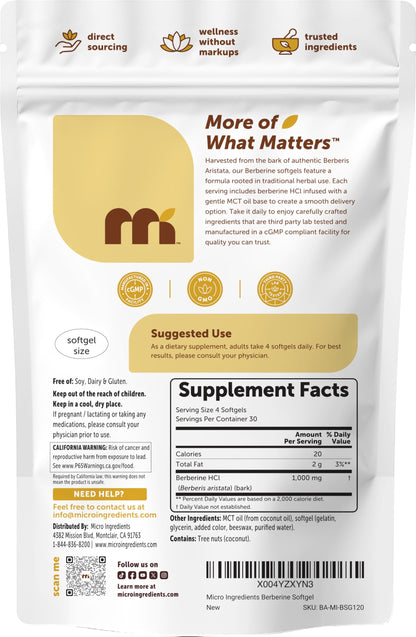 Micro Ingredients Berberine 1000mg with MCT Oil, 240 Softgels | Berberine HCl Supplement | Sourced from Berberis Aristata | Non-GMO, Gluten Free, No Soy