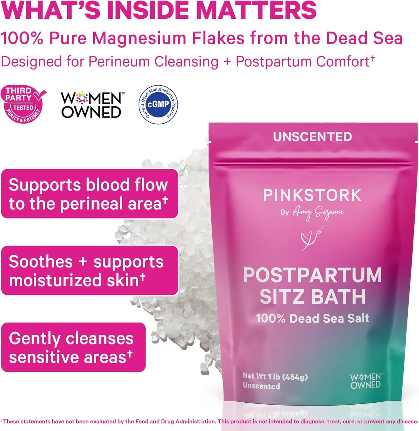 Pink Stork Postpartum Sitz Bath Soak: Dead Sea Salt for Perineal Care & Cleansing, Postpartum Recovery, Labor and Delivery Essentials, Women-Owned, Unscented, 16 oz
