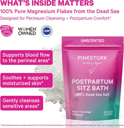 Pink Stork Postpartum Sitz Bath Soak: Dead Sea Salt for Perineal Care & Cleansing, Postpartum Recovery, Labor and Delivery Essentials, Women-Owned, Unscented, 16 oz