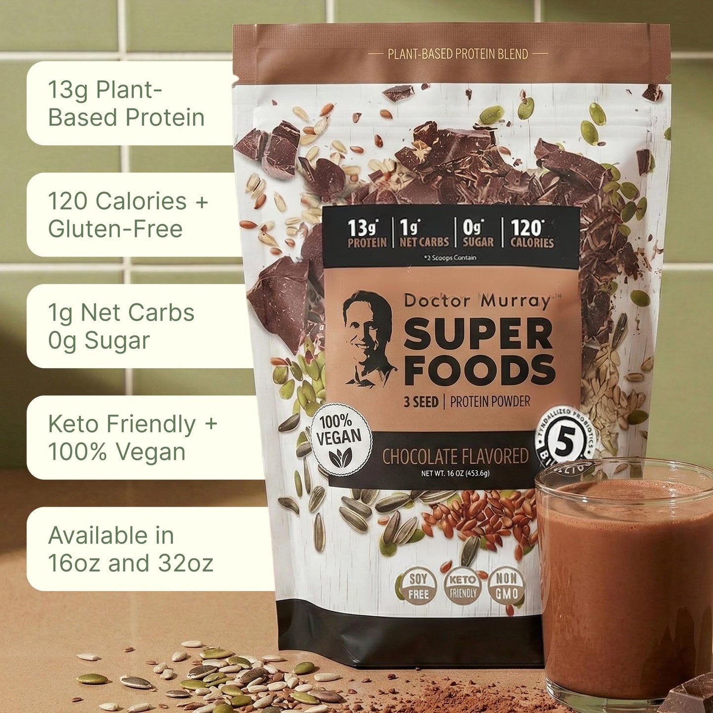 Dr. Murray's Super Foods 3 Seed Protein Powder - Pumpkin Flax Sunflower | Vegan Plant Protein | No Artificial Additives | GMP Certified | Unflavored, 1 lb.