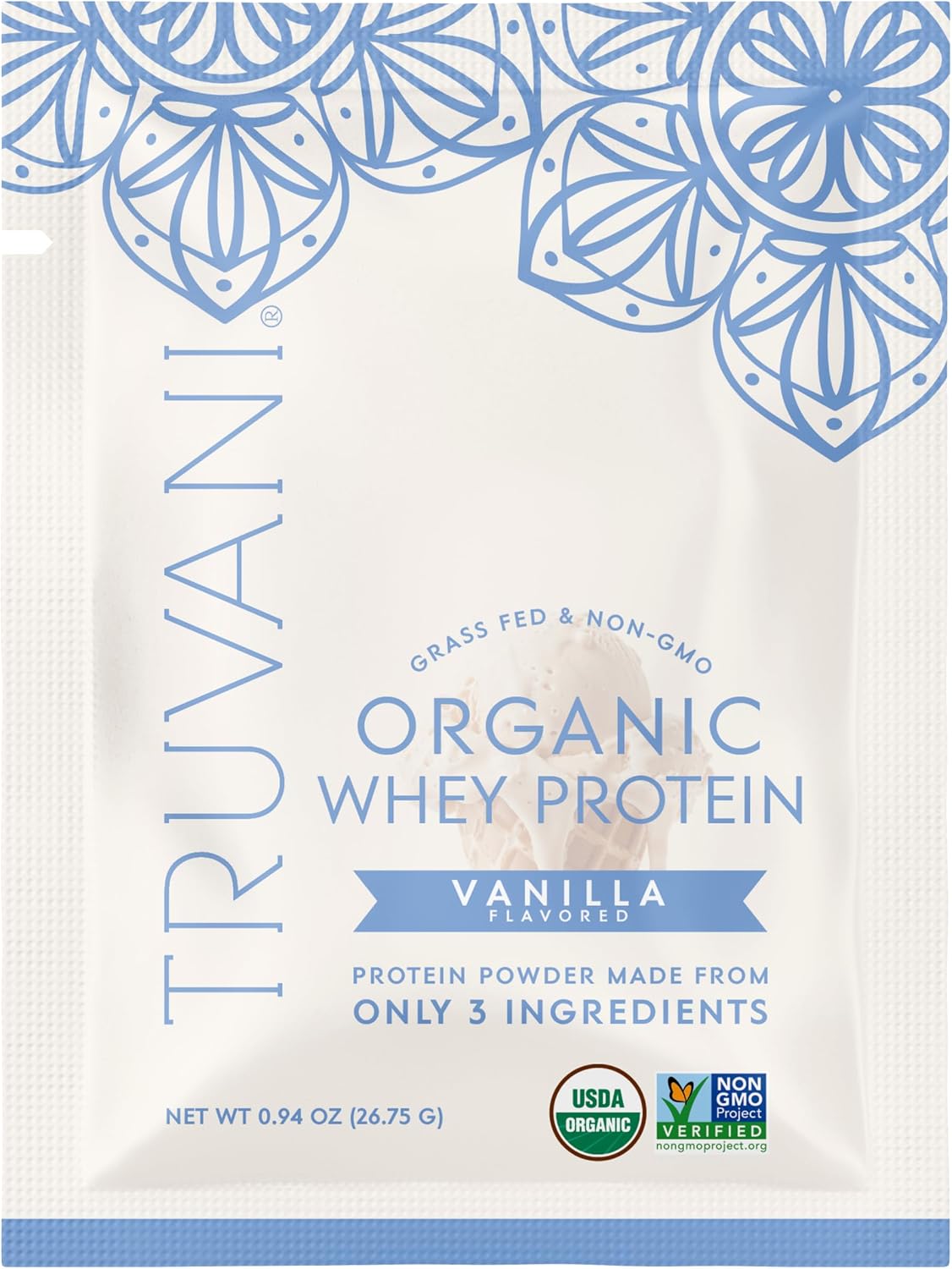 Truvani Organic Whey Protein Powder | Vanilla | 1 Serving | 20g Grass Fed Whey Protein | USDA Organic & Non-GMO | Gluten Free | No Gums, No Soy, No Stevia, No Added Sugars