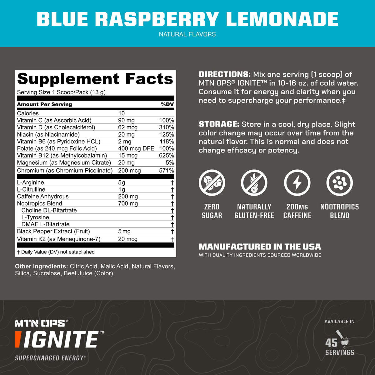 MTN OPS Ignite Energy Powder, Zero Sugar, Tiger's Blood