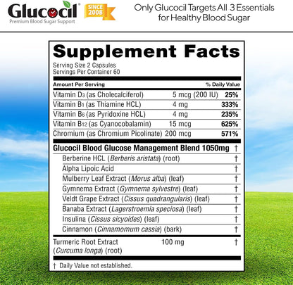 Glucocil – Vegetarian Capsules - Premium Blood Sugar Support - Supports the 3 Essentials for Healthy Blood Sugar - with Berberine, Proprietary Mulberry Leaf, and More