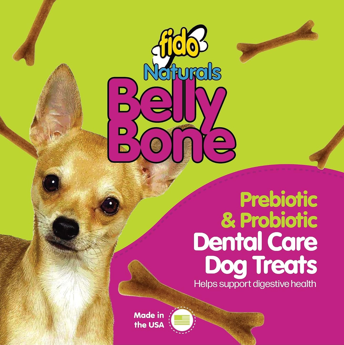Fido Belly Bones for Dogs, Mini - 21 Count - Yogurt-Flavor Dental Treats for Small Dogs - Plaque & Tartar Control for Fresh Breath - Digestive Support - Made in USA