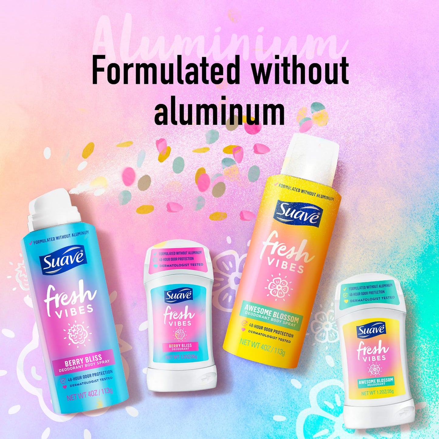 Suave Aluminum-Free Deodorant for Kids, Teen Girls & Boys, Fresh Vibes 2-Pack, 48H Protection, 1.2 Oz Ea