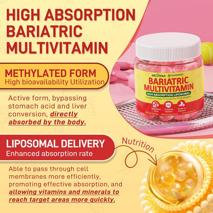 Liposomal Methylated Bariatric Multivitamin Gummies with Iron for Women & Men, High Absorption Multivitamin w/CoQ 10, Probiotic, Digestive Enzymes Support Gastric Bypass & Sleeve Recover, Energy,1Pack