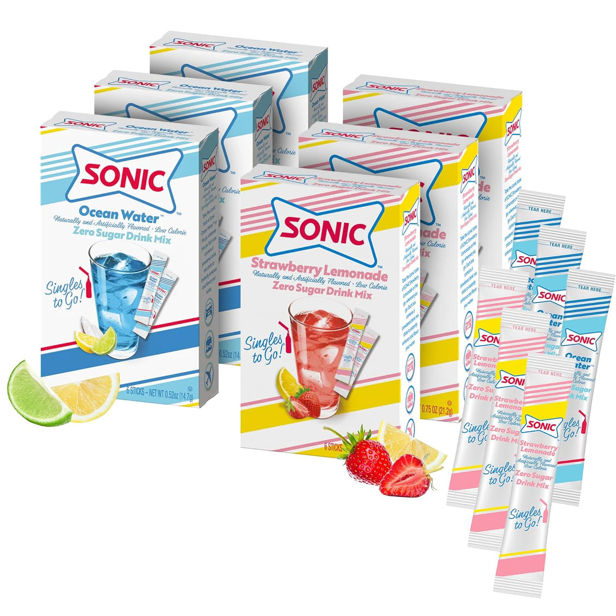 Sonic Singles to Go Powdered Drink Mix, Ocean Water, 6 Sticks per Box, 3 Boxes included (18 Sticks Total)
